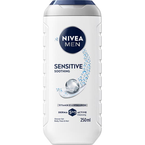 Nivea Men Sensitive 3in1 250 ml lugnande duschgel för känslig hy i vit plastflaska med blått lock och dekor