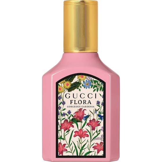 Gucci Flora Gorgeous Gardenia 30 ml blommig parfym i rosa lackad glasflaska med räfflad guldkork och blommor
