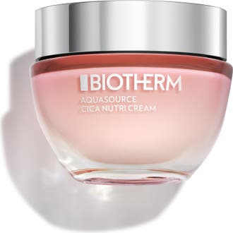 Biotherm Aquasource Cica Nutri Cream fuktgivande ansiktskräm med cica i en rund rosa glasburk med glänsande silverlock.