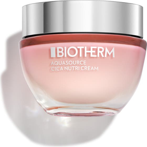 Biotherm Aquasource Cica Nutri Cream fuktgivande ansiktskräm med cica i en rund rosa glasburk med glänsande silverlock.
