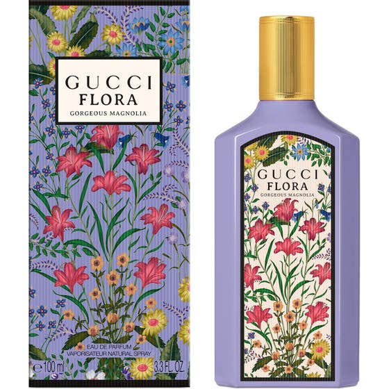 Gucci Flora Gorgeous Magnolia 100 ml magnolia parfym i lila flaska med guldkork och blommig ask