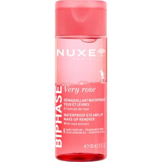 Nuxe Very Rose Biphase 100 ml ögonmakeup-remover som tar bort vattenfast smink i rosa genomskinlig flaska