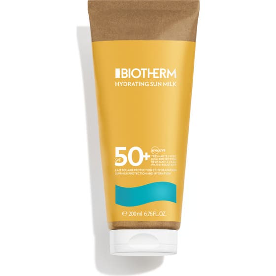 Biotherm Waterlover Hydrating Sunmilk 200 ml fuktgivande solmjölk ansikte spf50 med krämig vit textur i ett svep.