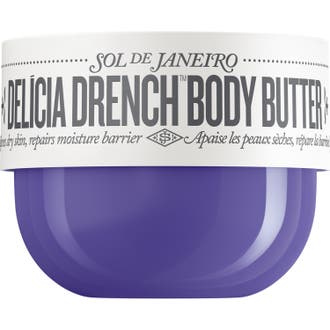 Sol de Janeiro Delícia Drench Body Butter återfuktande hudvård i en lila burk för extremt torr hud