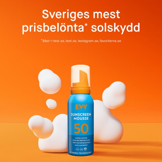 EVY Technology Sunscreen Mousse SPF50 100 ml solkräm med infografik om membrane technology i hudens olika lager.