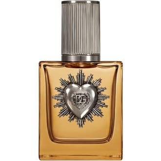 Dolce & Gabbana Devotion Pour Homme Parfum 50 ml herrparfym i glasflaska med silvrigt hjärta och bärnstensfärgad vätska