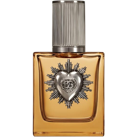 Dolce & Gabbana Devotion Pour Homme Parfum 50 ml herrparfym i glasflaska med silvrigt hjärta och bärnstensfärgad vätska