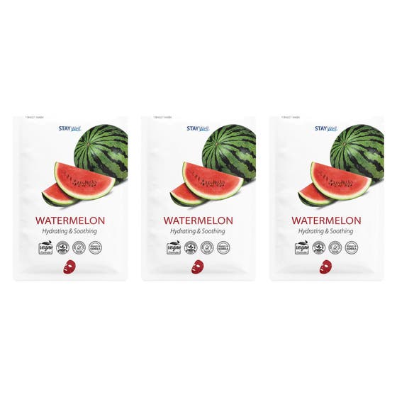 STAY Well Watermelon Hydrating & Soothing 1 st återfuktande sheet mask i vita påsar med bild av saftig vattenmelon.