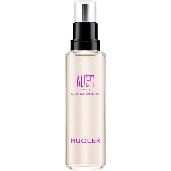 Mugler Alien Pulp Eau de Parfum 100ml parfym i en glasflaska med svart pump bredvid en vit ask med rosa detaljer