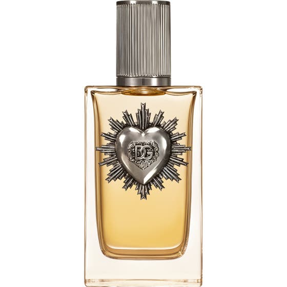 Dolce & Gabbana Devotion Pour Homme 100ml herrparfym i glasflaska med silverfärgat hjärta och bärnstensfärgad vätska