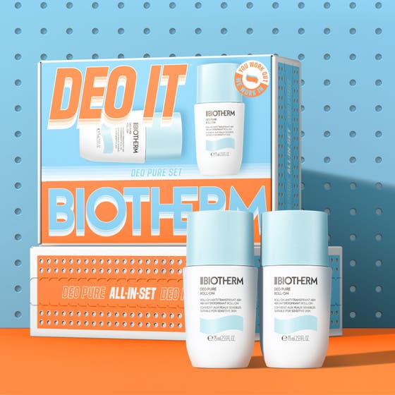 Biotherm Duo Deo Pure Set 150 ml damdeodorant ger fräschör med två roll-on flaskor i en vit och orange box