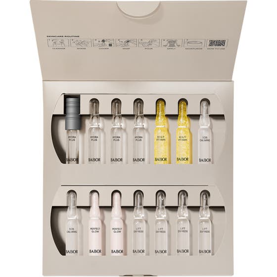 Babor Ampoule Concentrates 14 ampuller ger ansiktslyft ampuller anti-aging och Babor återfuktning i en öppen beige ask.