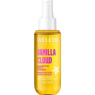 Weleda Fragrance Body & Hair Mist Vanilla Cloud 95 ml uppfriskande parfymspray i gul genomskinlig flaska med vitt sprayhuvud