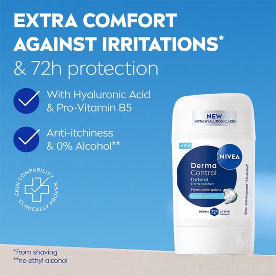 NIVEA Derma Control Defend 50 ml antiperspirant stick i vit hylsa som hålls i en hand med ikoner för 0% alkohol.