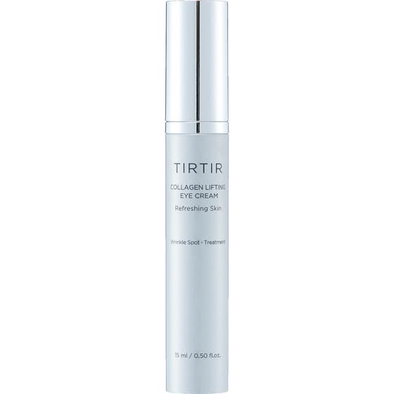 Tirtir Collagen Lifting Eye Cream 15 ml anti-rynk återfuktande ögonkräm som ger spänst i en ljusblå tub med silvrig kork