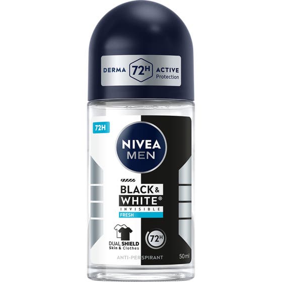 Nivea Men Black & White Invisible Fresh 50ml antiperspirant herr 72h skydd och fläckskydd i glasflaska med svart lock.