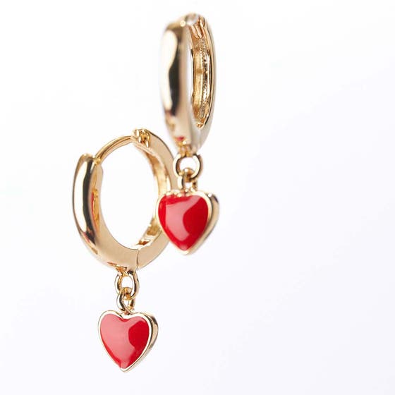Enamel Red Heart Drop Huggie Earrings