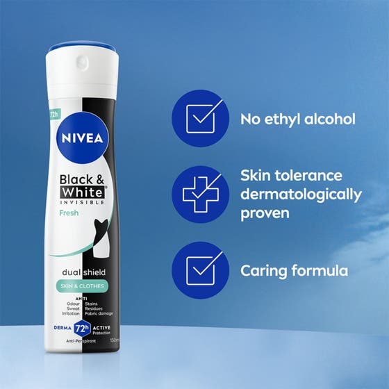 NIVEA Black & White Fresh Spray 150 ml deospray ger 48h skydd och visas med en kvinna som tränar i vita kläder.