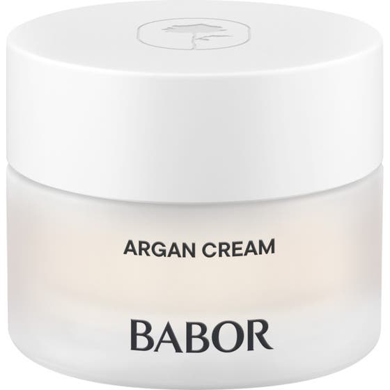 Babor Argan Cream 50 ml lyxig arganolja ansiktskräm som ger näring i en frostad glasburk med vitt lock.
