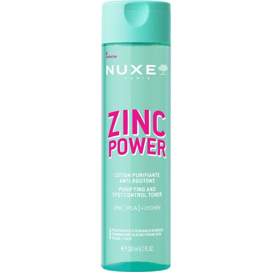 Nuxe Zinc Power 200 ml djuprengörande ansiktsvatten i en uppfriskande turkos plastflaska med rosa detaljer
