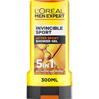 L'Oréal Men Expert Invincible Sport 300 ml duschgel med kamfer i en gul flaska med svart lock.