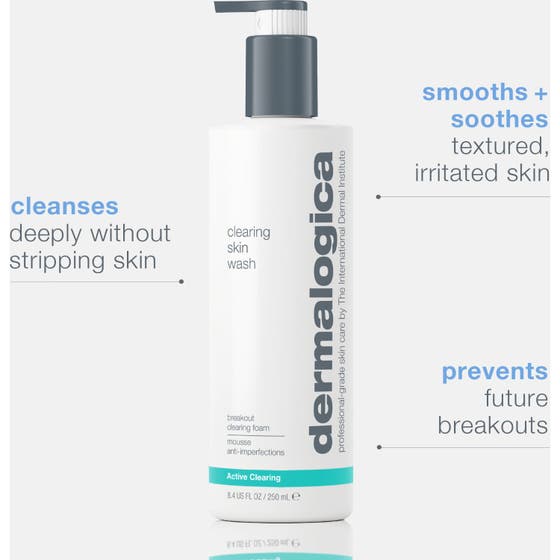 Dermalogica Clearing Skin Wash 250 ml porrensande rengöringsgel som ger aknebehandling daglig i vit flaska med grått lock