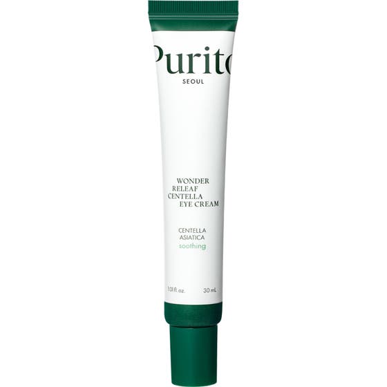 Purito Wonder Releaf Centella Eye Cream 30 ml lugnande centella asiatica ögonkräm i vit tub med grönt lock