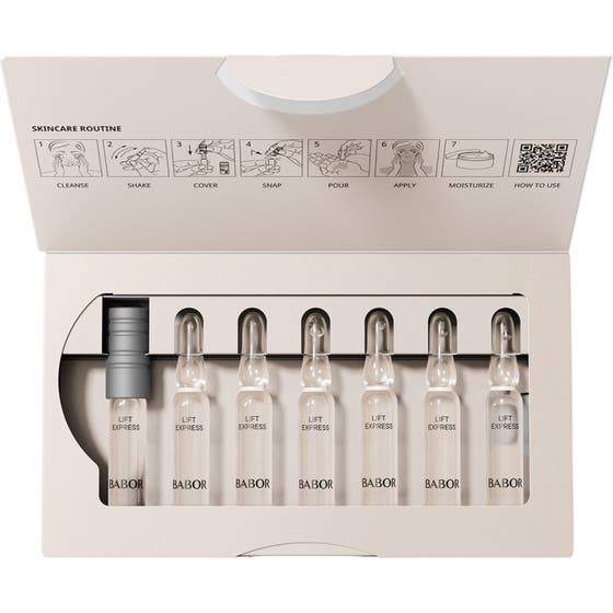 Babor Lift Express 14 ml uppstramande serum i sju glasampuller i en öppen ask med instruktioner i locket.