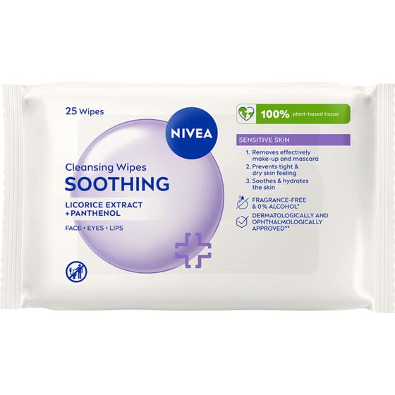Nivea Soothing Cleansing Wipes 25 st lugnande rengöringsservetter för känslig hud i vit förpackning med lila cirkel