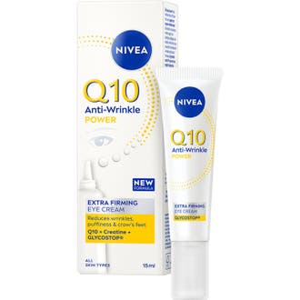 Nivea Q10 Anti-Wrinkle Power 15ml uppstramande ögonkräm i vit tub och förpackning som ger fastare hud vid ögonen