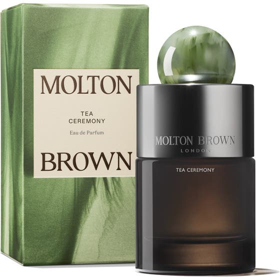 Molton Brown Tea Ceremony Eau de Parfum 100ml unisexparfym i mörk glasflaska med grön marmorerad kork och mönstrad ask