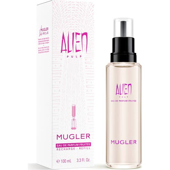 Mugler Alien Pulp Eau de Parfum 100ml damparfym i en stilren cylinderformad glasflaska med lila text och svart pump