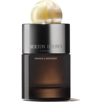 Molton Brown Orange & Bergamot Eau de Parfum 100 ml citrusparfym i mörk glasflaska med silverkork och marmorerad kula