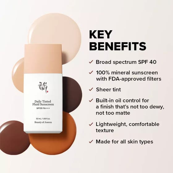 Beauty of Joseon Daily Tinted Fluid Sunscreen 50 ml tonad solkräm för ansiktet i vit flaska med beige lock och textlista.
