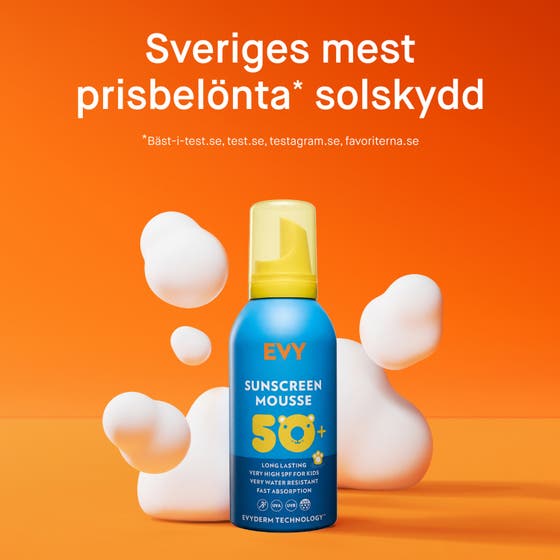 EVY Technology Sunscreen Mousse Kids 150 ml solkräm med text om bredspektrumskydd och högsta UVA-betyg.