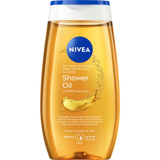 Nivea Rich Care Shower Oil 200 ml närande duscholja som ger mjuk hud i genomskinlig plastflaska med blått lock.