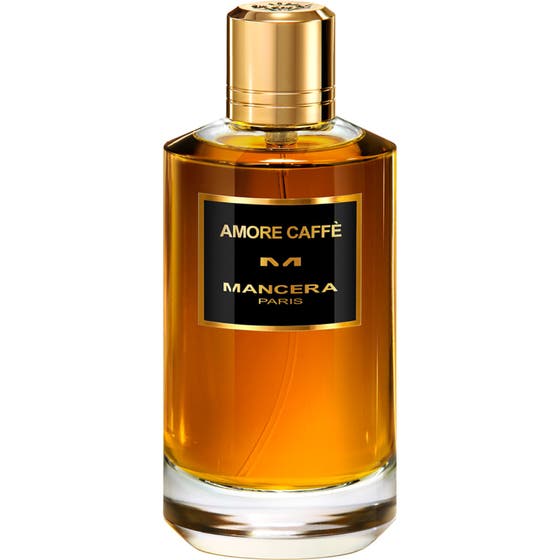 Mancera Amore Caffe 120 ml Eau De Parfum parfym i cylindrisk glasflaska med guldlock och bärnstensfärgad vätska