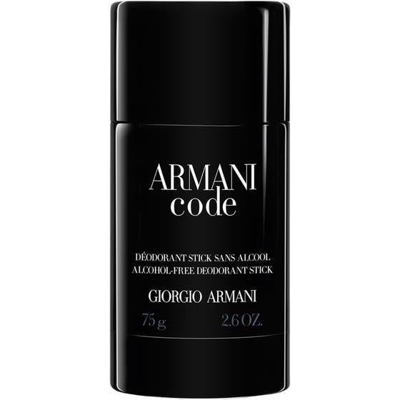 Giorgio Armani Armani Code 75g herrdeodorant som ger fräschör i en stilren svart blank hylsa med silvertext.