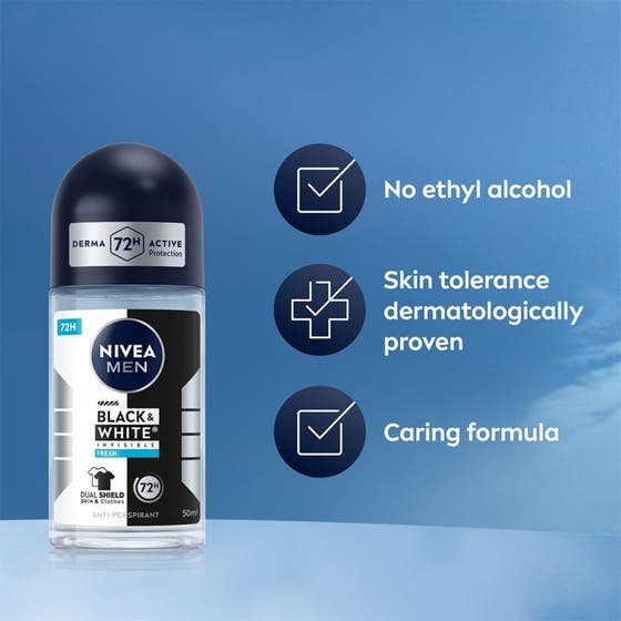 Nivea Black & White Fresh 50 ml antiperspirant anti-irritation med fläckskydd i glasflaska mot rökig bakgrund.