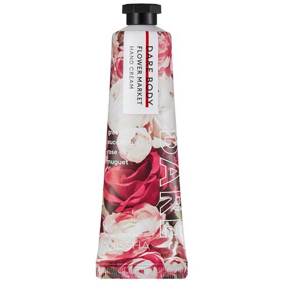 Missha Dare Body Flower Market Hand Cream 30 ml mjukgörande handkräm i tub med dekorativa rosa rosor och svart kork