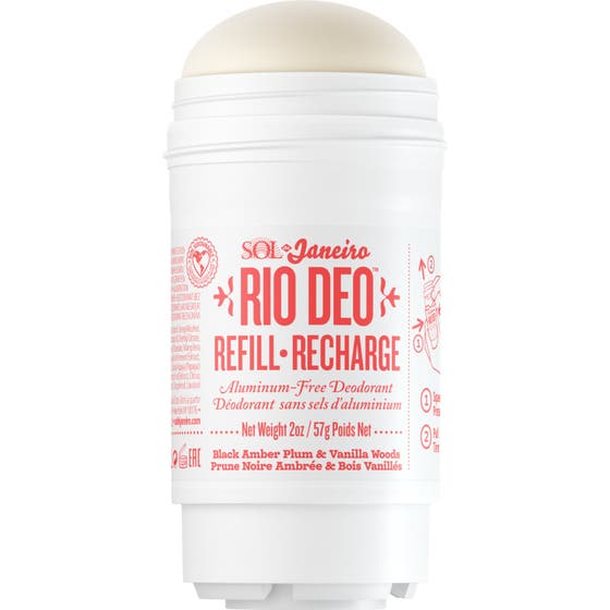 Sol de Janeiro Rio Deo Refill 57g aluminiumfri deodorant i vit plasthylsa med röd text och krämigt stift