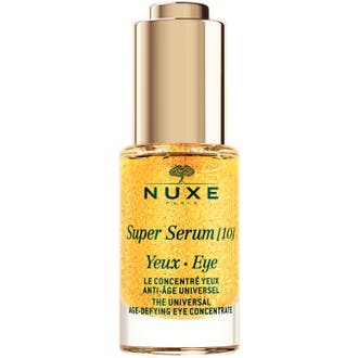 Nuxe super serum ögon 15ml anti-rynk ögonserum i glasflaska med guldlock fylld av gyllene mikrokapslar