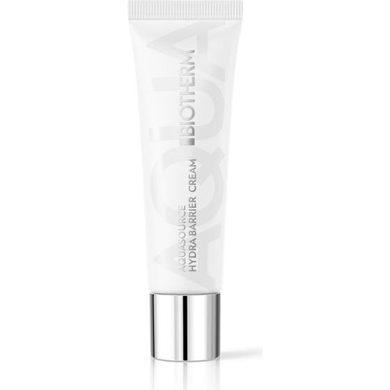 Biotherm Aquasource Hydra Barrier Cream återfuktande ansiktskräm som stärker barriären i vit tub med silverlock.