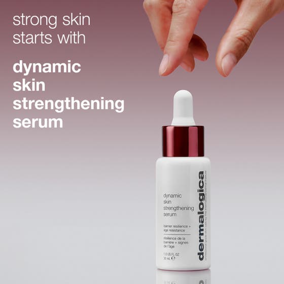Dermalogica Dynamic Skin Strengthening Serum 30 ml hudstärkande serum framför en röd metallisk viktskiva