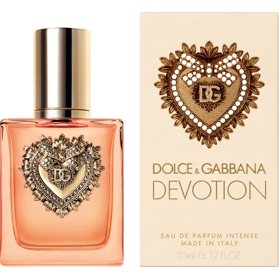Dolce & Gabbana Devotion Intense 50 ml intensiv vanilj parfym i glasflaska med guldhjärta och tillhörande beige box