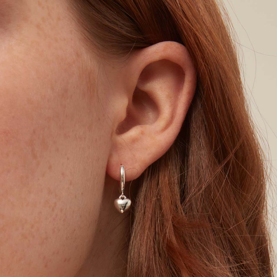 Puffed Heart Drop Huggie Hoops Earrings