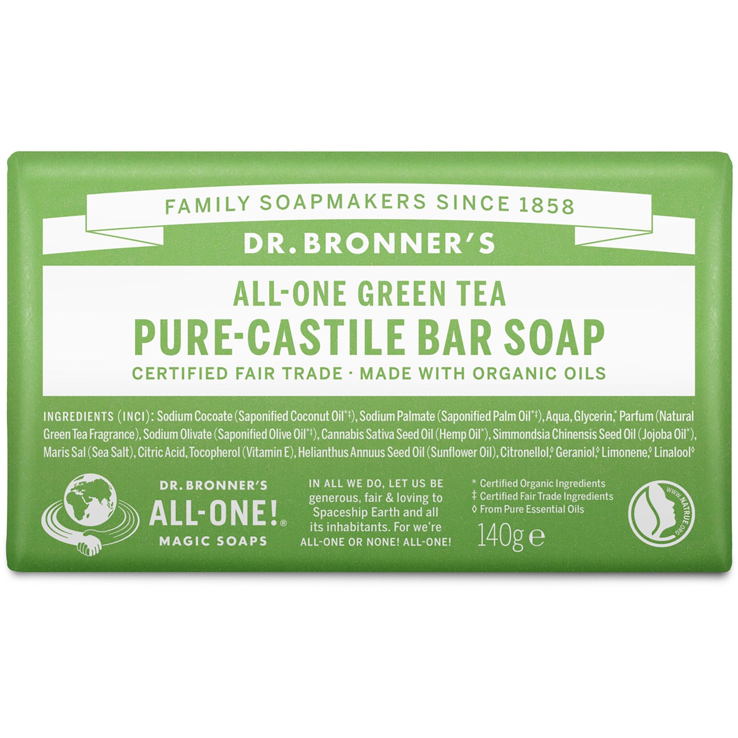 Dr-Bronner's Pure-Castile Bar Soap Green Tea 140 g