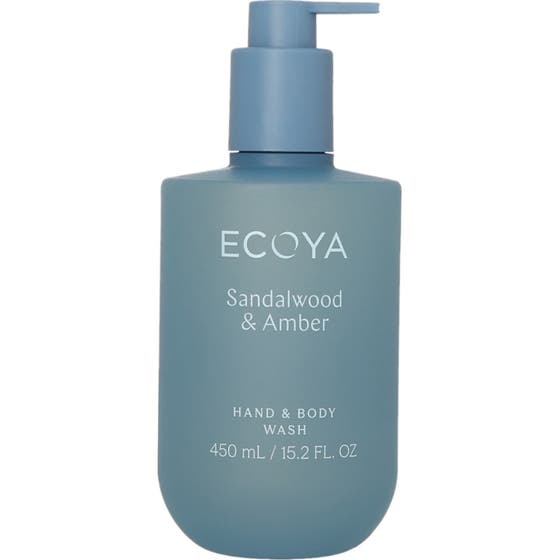 Ecoya Sandalwood & Amber Hand & Body Wash 450 ml rengörande kroppstvål i en stilren matt blågrå pumpflaska
