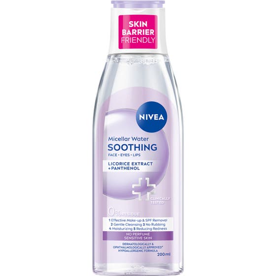 Nivea Micellar Water Soothing 200 ml fuktgivande sminkborttagning med dexpanthenol i klar flaska med lila detaljer.