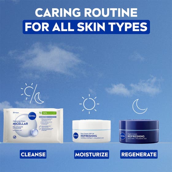 NIVEA Refreshing Cleansing Wipes 25 st ansiktsservetter 3-i-1 i en hudvårdsrutin mot blå himmel